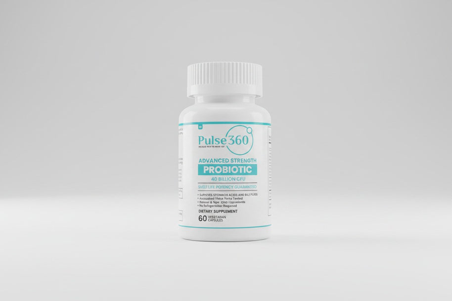 Pulse 360º Glow Advanced Strength Probiotic bottle with 40 billion CFU, featuring a white cap and blue label.