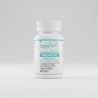 Pulse 360º Glow Advanced Strength Probiotic bottle with 40 billion CFU, featuring a white cap and blue label.