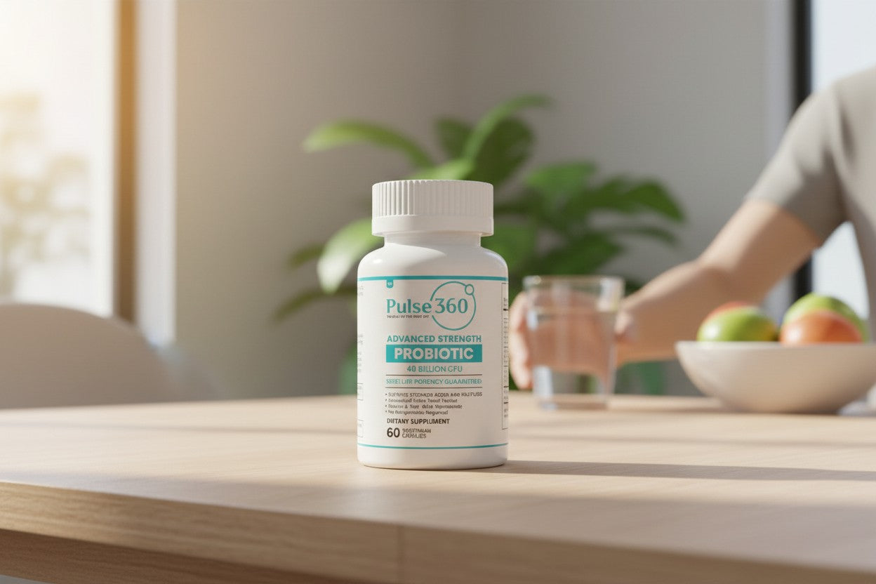 Pulse 360º Glow Advanced Strength Probiotic bottle on a wooden table with a glass of water and fruit in the background.