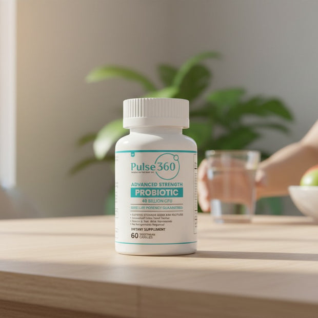 Pulse 360º Glow Advanced Strength Probiotic bottle on a wooden table with a glass of water and fruit in the background.