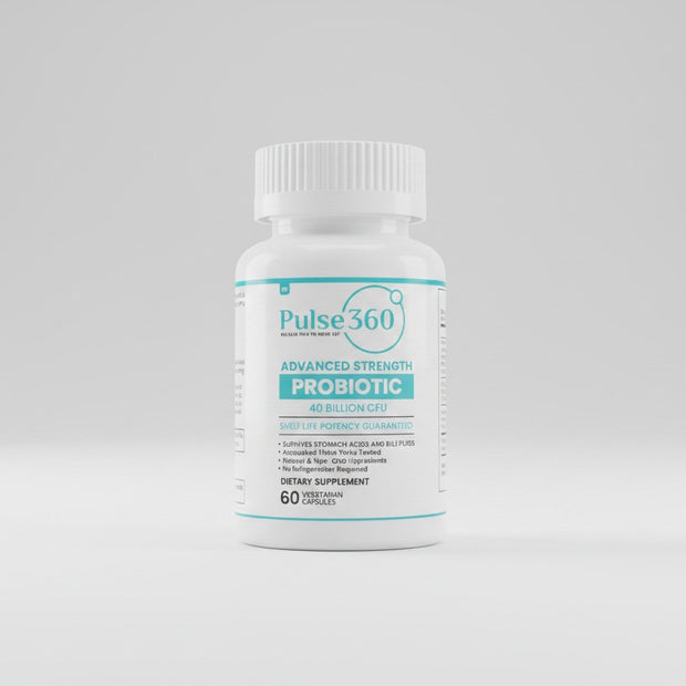 Pulse 360º Glow Advanced Strength Probiotic bottle with 40 billion CFU, featuring a white cap and blue label.