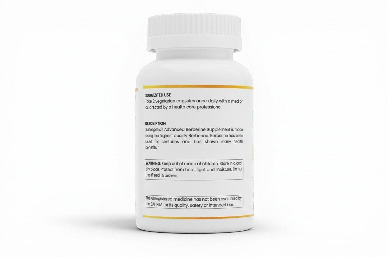 Pulse 360º Glow Berberine Plus supplement bottle showing label instructions and warnings on a white background.