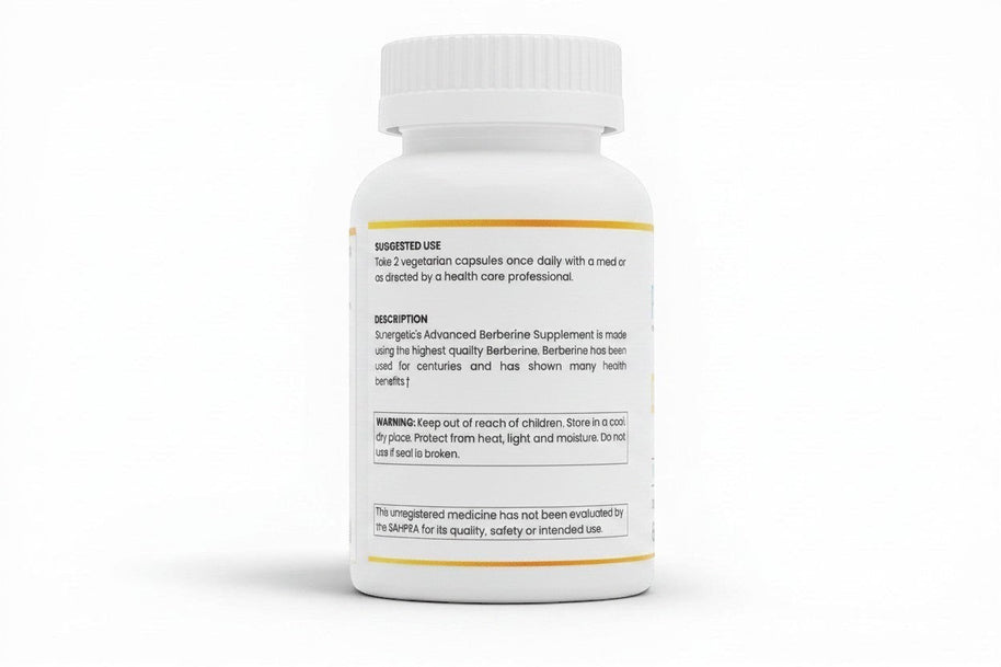 Pulse 360º Glow Berberine Plus supplement bottle showing label instructions and warnings on a white background.