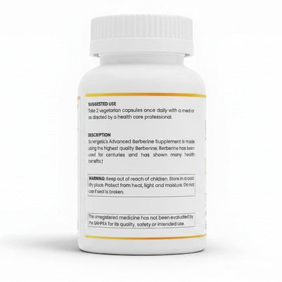 Pulse 360º Glow Berberine Plus supplement bottle showing label instructions and warnings on a white background.