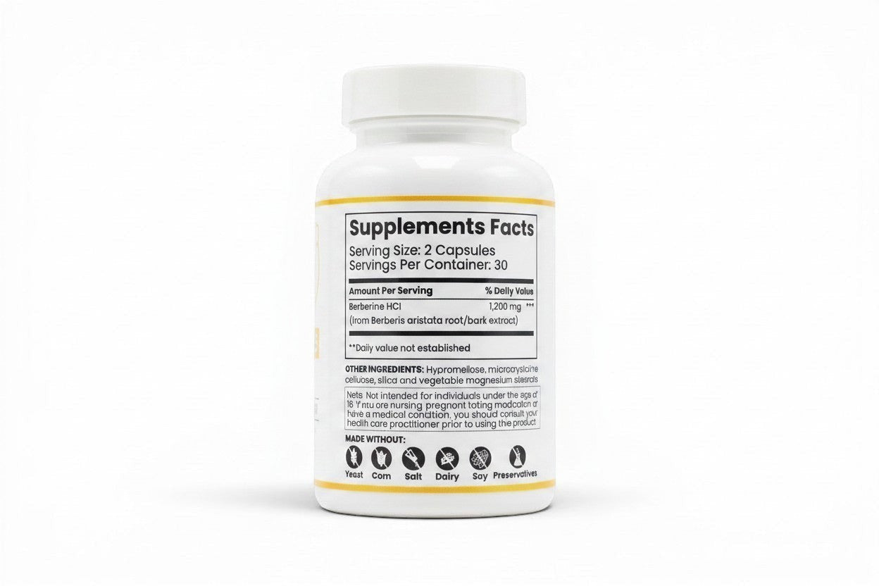 Pulse 360º Glow Berberine Plus supplement bottle showing the supplement facts label and ingredient list.