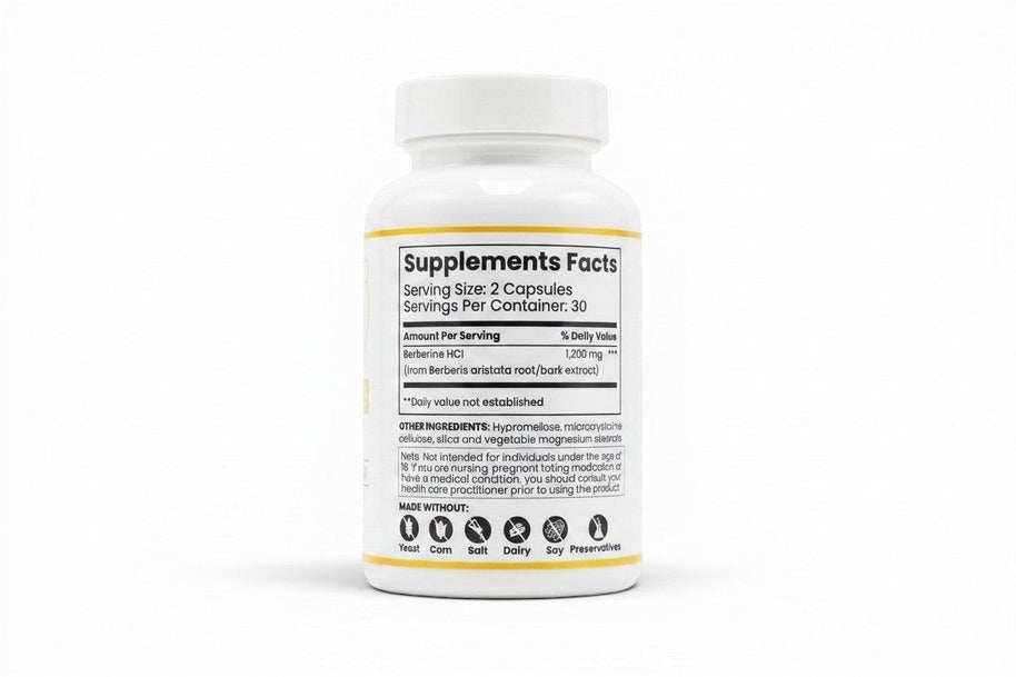Pulse 360º Glow Berberine Plus supplement bottle showing the supplement facts label and ingredient list.