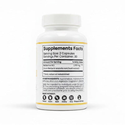 Pulse 360º Glow Berberine Plus supplement bottle showing the supplement facts label and ingredient list.