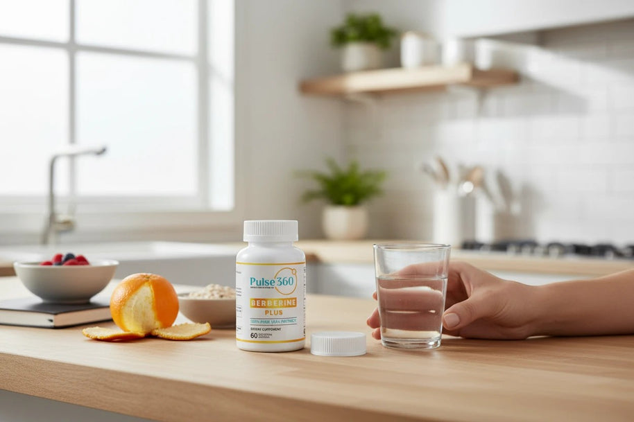 Pulse 360º Glow Berberine Plus dietary supplement bottle on a kitchen counter next to a glass of water and fruit.