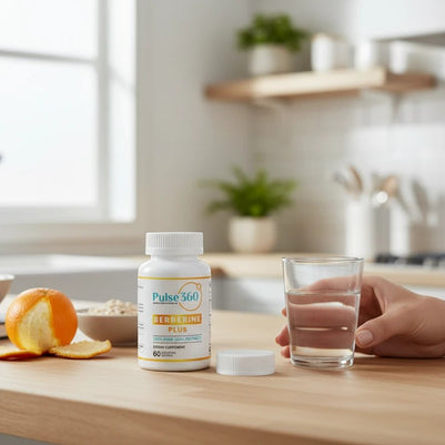 Pulse 360º Glow Berberine Plus dietary supplement bottle on a kitchen counter next to a glass of water and fruit.