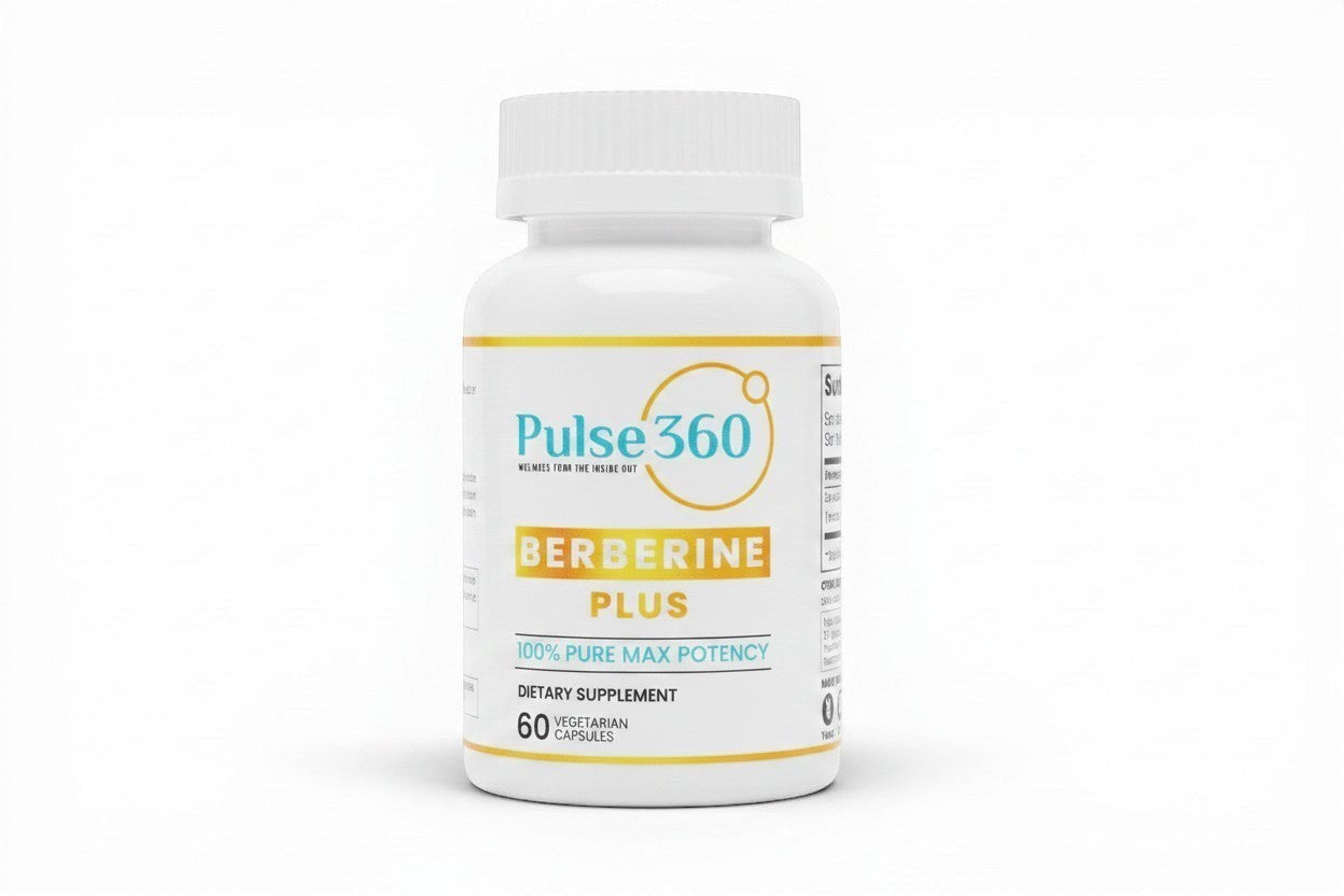 Pulse 360º Glow Berberine Plus dietary supplement bottle with 60 vegetarian capsules for cellular wellness support.