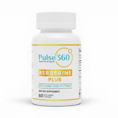 Pulse 360º Glow Berberine Plus dietary supplement bottle with 60 vegetarian capsules for cellular wellness support.