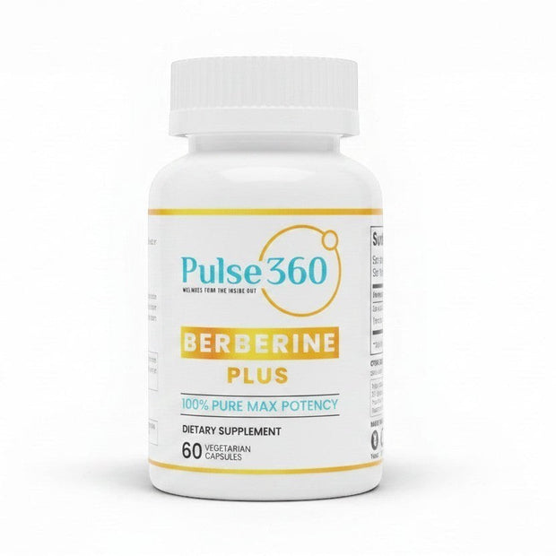 Pulse 360º Glow Berberine Plus dietary supplement bottle with 60 vegetarian capsules for cellular wellness support.