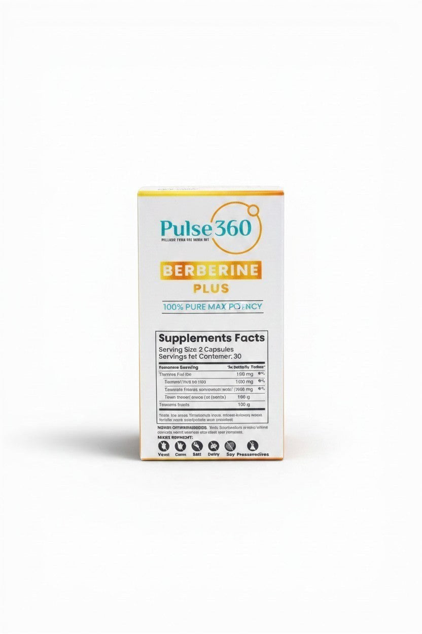 Pulse 360º Glow Berberine Plus supplement box featuring clear supplement facts and 100% pure max potency label
