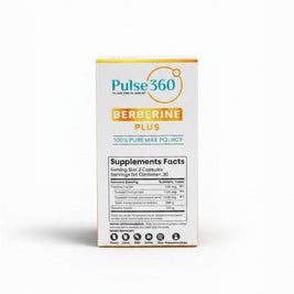 Pulse 360º Glow Berberine Plus supplement box featuring clear supplement facts and 100% pure max potency label