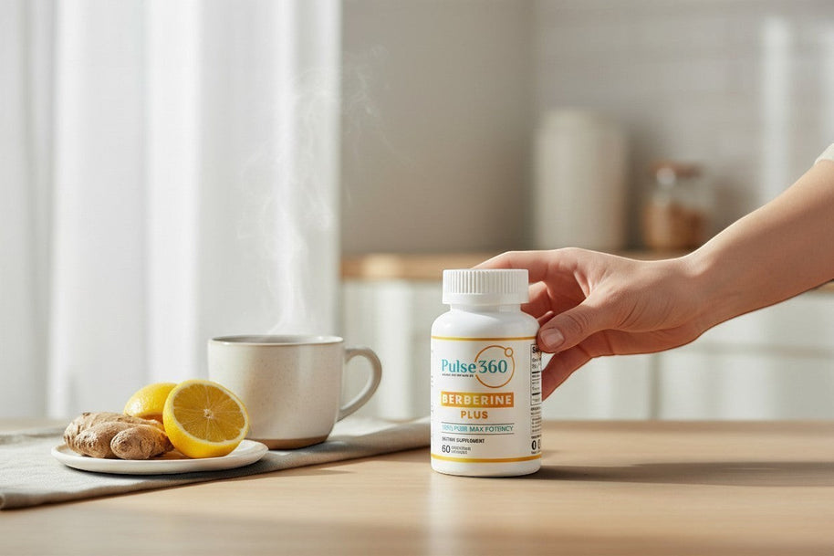 Pulse 360º Glow Berberine Plus supplement bottle on a wooden table next to a steaming cup of tea with lemon and ginger.