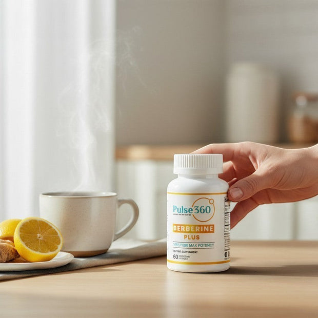 Pulse 360º Glow Berberine Plus supplement bottle on a wooden table next to a steaming cup of tea with lemon and ginger.