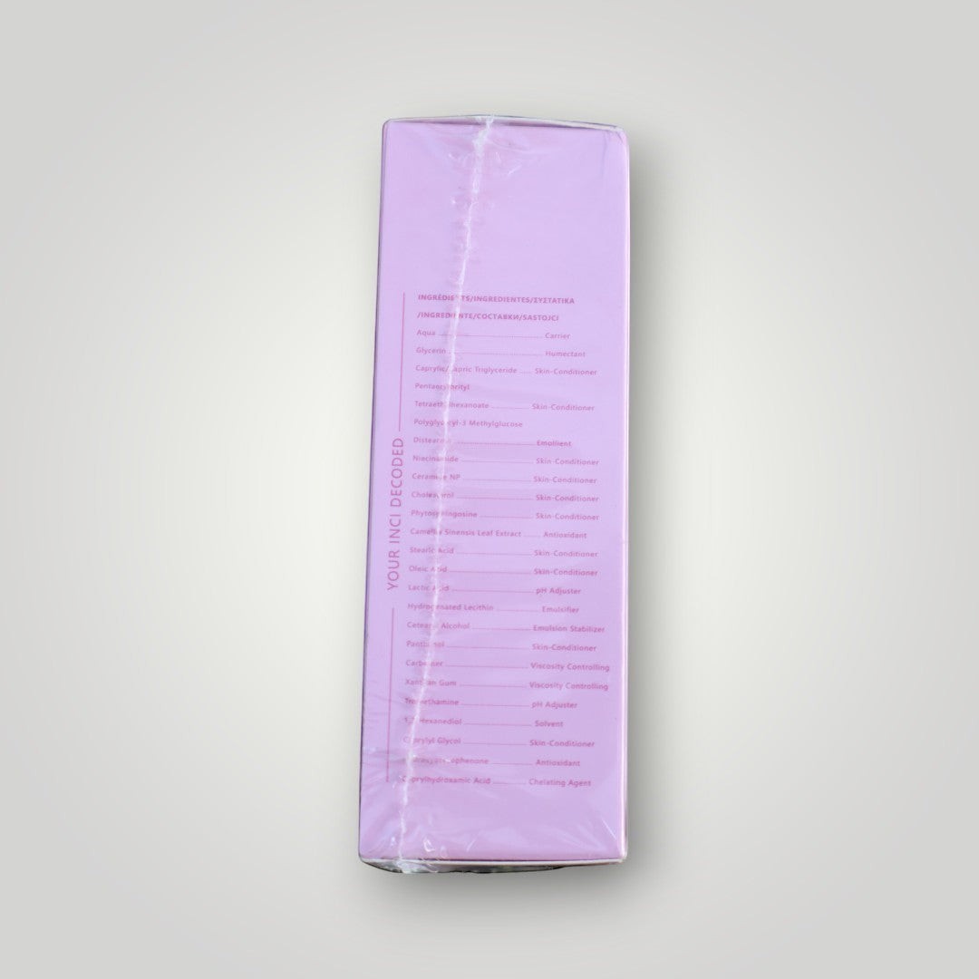 Pulse 360º Glow Byoma Moisturising Gel-Cream packaging side view showing the ingredient list on a light purple box.