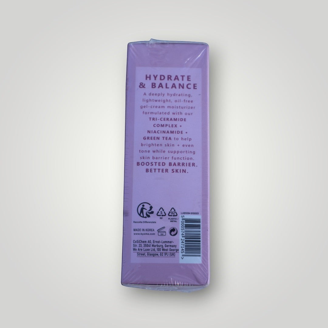 Pulse 360º Glow Byoma Moisturising Gel-Cream packaging back view with product information and ingredient details.