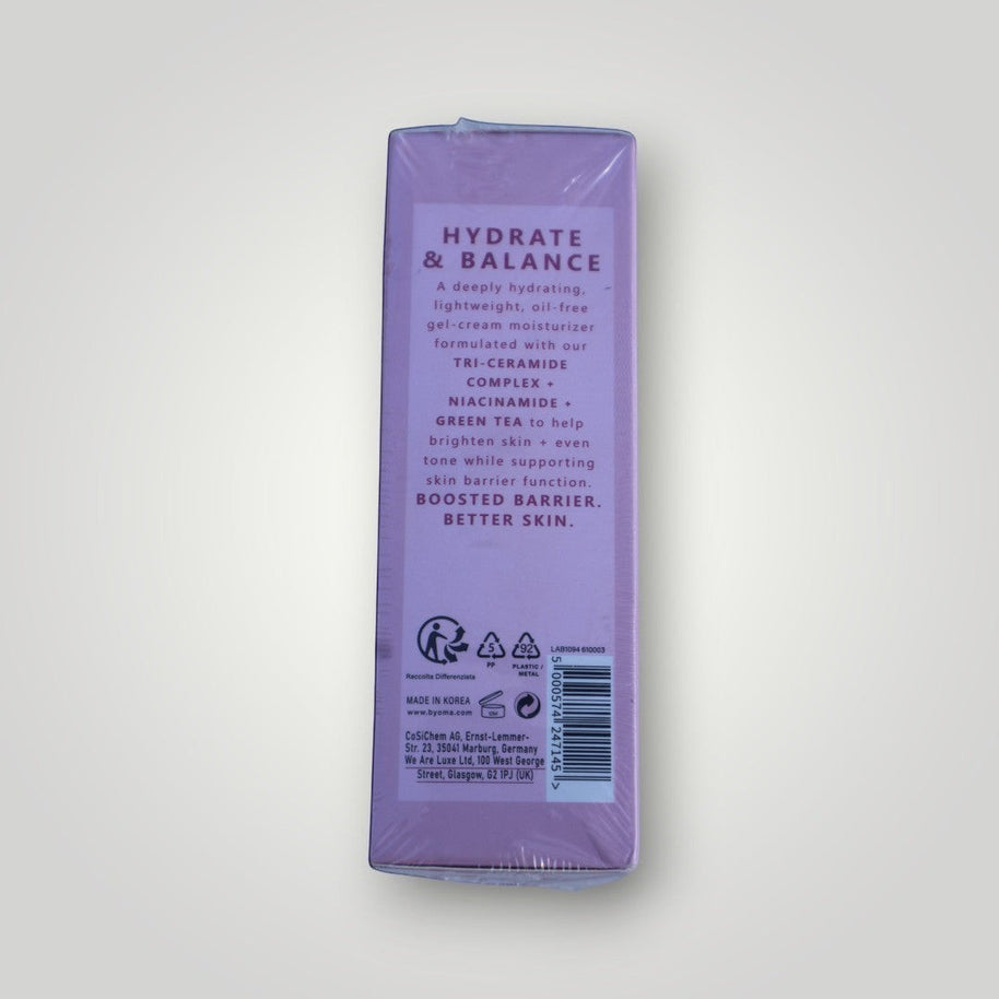Pulse 360º Glow Byoma Moisturising Gel-Cream packaging back view with product information and ingredient details.