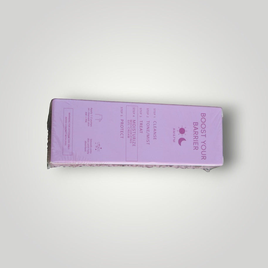 Pulse 360º Glow Byoma Moisturising Gel-Cream box in light purple with skincare routine instructions on the side