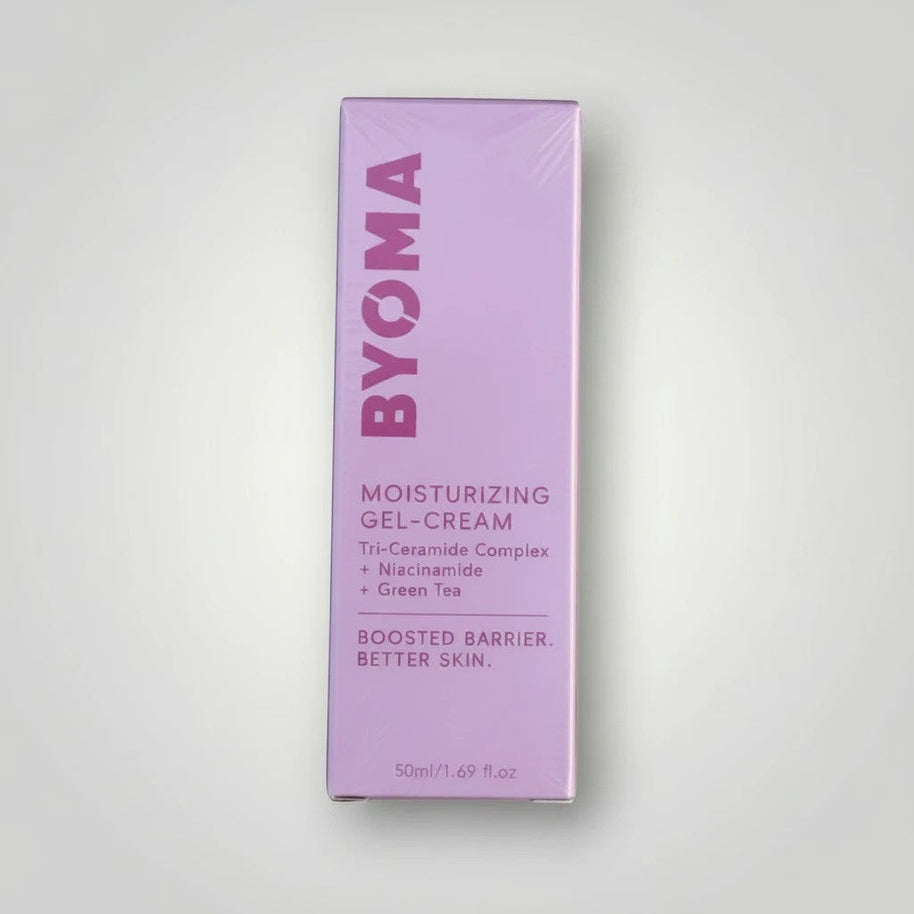 Pulse 360º Glow Byoma Moisturising Gel-Cream in a light purple box with Tri-Ceramide, Niacinamide, and Green Tea.