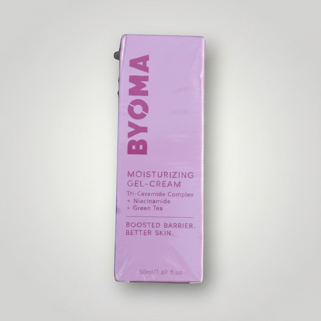 Pulse 360º Glow Byoma Moisturising Gel-Cream in a light purple box with Tri-Ceramide Complex, Niacinamide, and Green Tea.