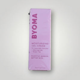 Pulse 360º Glow Byoma Moisturising Gel-Cream in a light purple box with Tri-Ceramide Complex, Niacinamide, and Green Tea.
