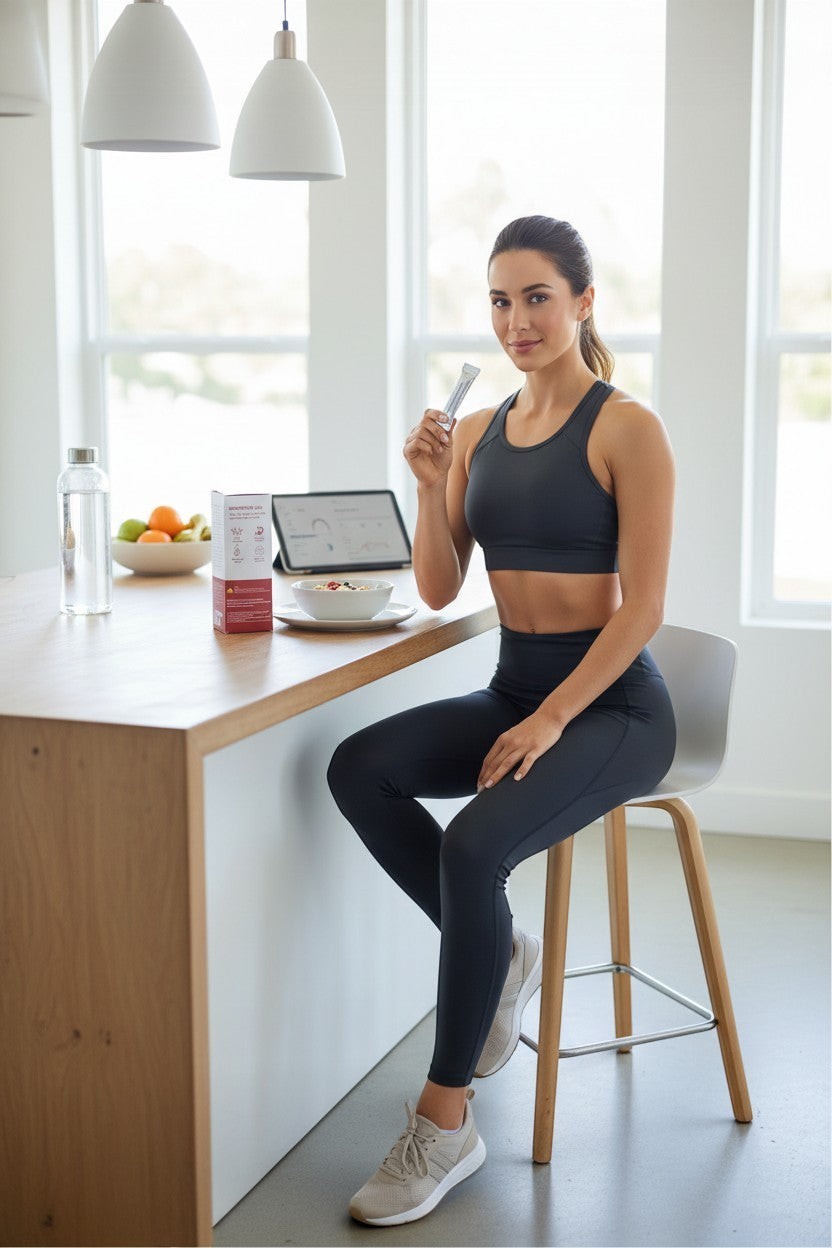 Pulse 360º Glow Cutting Jelly stick pack held by a woman in activewear sitting at a kitchen counter for weight support.