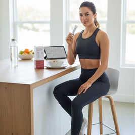 Pulse 360º Glow Cutting Jelly stick pack held by a woman in activewear sitting at a kitchen counter for weight support.