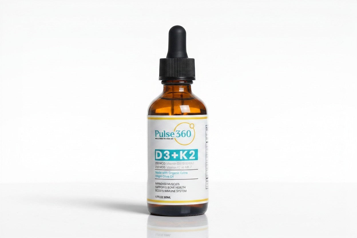 Pulse 360º Glow D3+K2 vitamin supplement in an amber glass dropper bottle for daily wellness support.