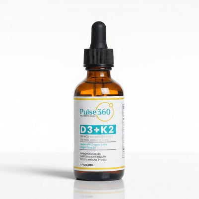 Pulse 360º Glow D3+K2 vitamin supplement in an amber glass dropper bottle for daily wellness support.
