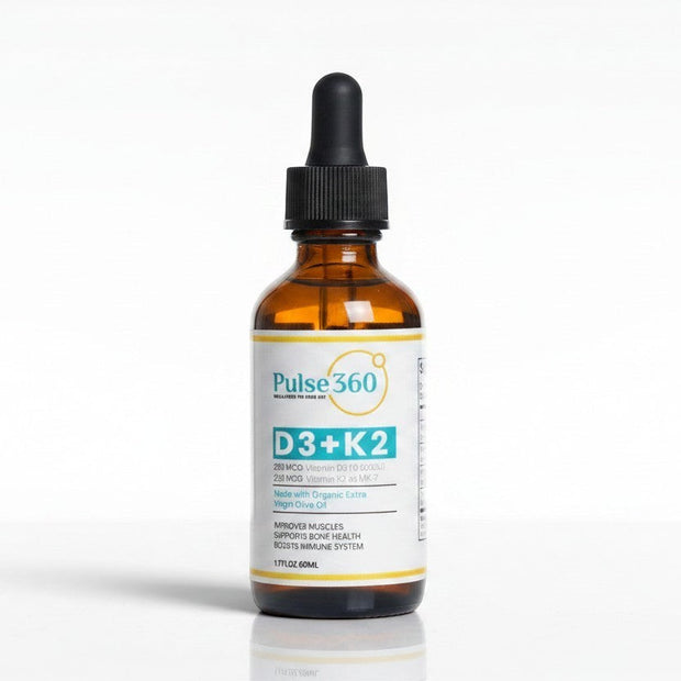 Pulse 360º Glow D3+K2 vitamin supplement in an amber glass dropper bottle for daily wellness support.