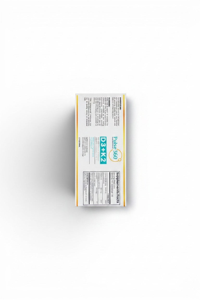 Pulse 360º Glow Vitamin D3 and K2 supplement box showing supplement facts and usage instructions on a white background