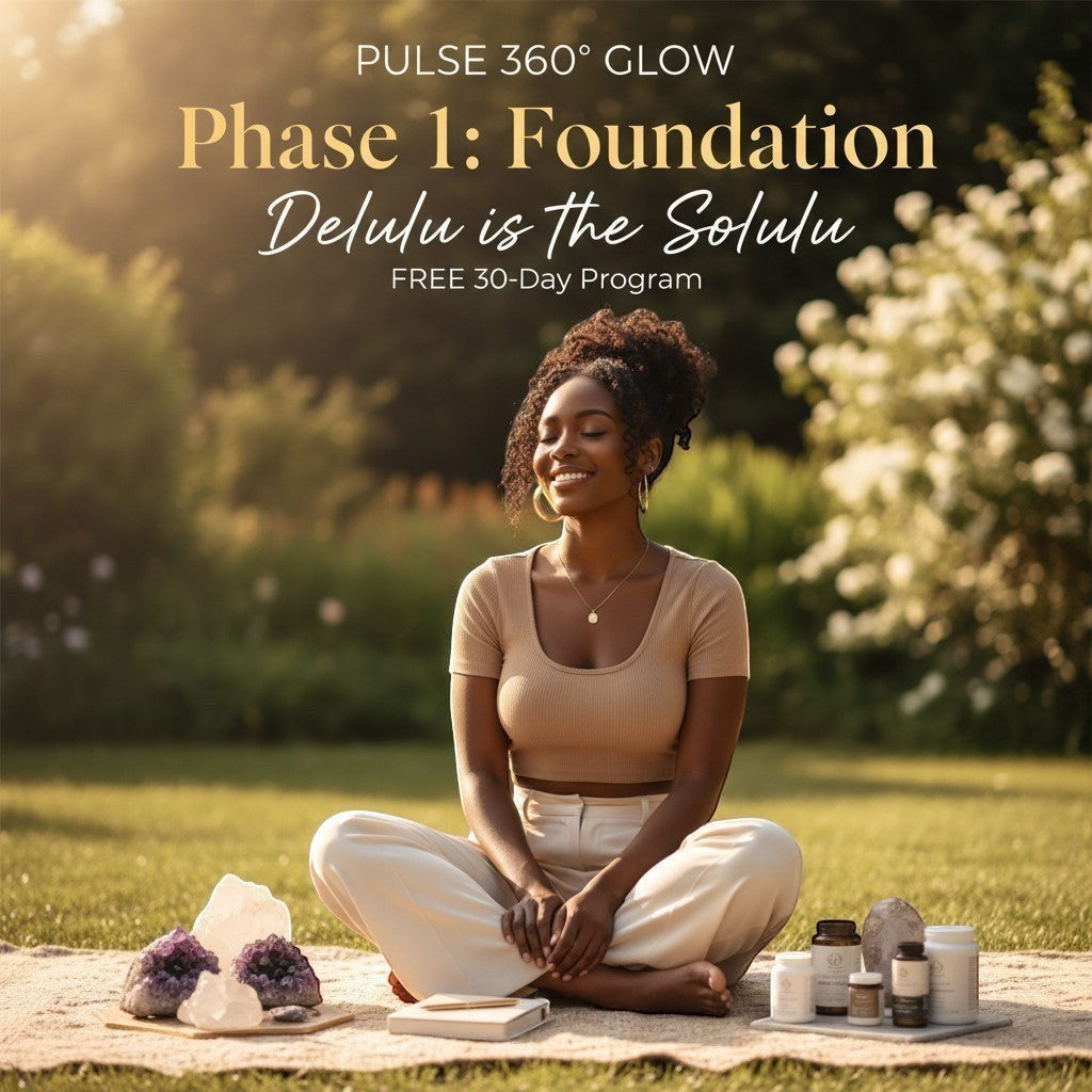 Pulse 360º Glow Phase 1 Foundation program featuring a woman meditating in a garden with wellness supplements.