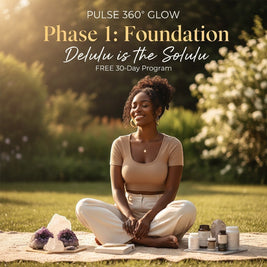 Pulse 360º Glow Phase 1 Foundation program featuring a woman meditating in a garden with wellness supplements.