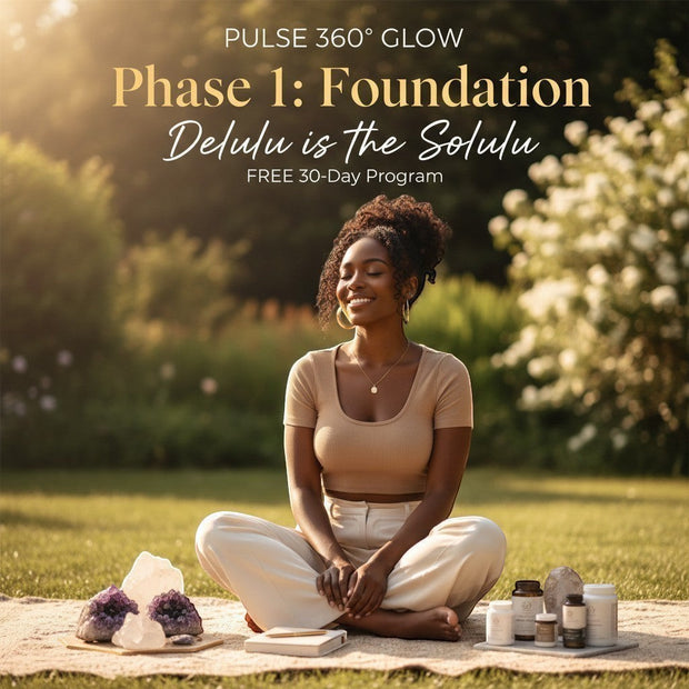 Pulse 360º Glow Phase 1 Foundation program featuring a woman meditating in a garden with wellness supplements.
