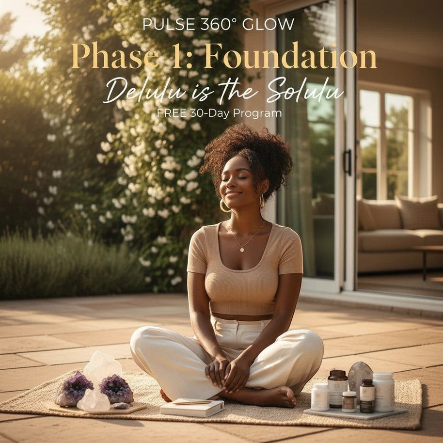Pulse 360º Glow Phase 1 Foundation program featuring a woman meditating outdoors with crystals and supplements.
