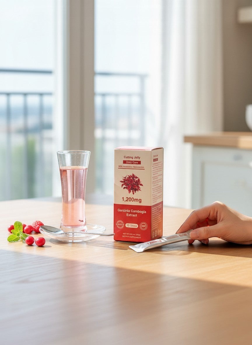 Pulse 360º Glow Cutting Jelly Garcinia Cambogia supplement box and stick pack with a glass of pink drink on a table.