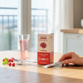 Pulse 360º Glow Cutting Jelly Garcinia Cambogia supplement box and stick pack with a glass of pink drink on a table.