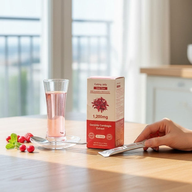 Pulse 360º Glow Cutting Jelly Garcinia Cambogia supplement box and stick pack with a glass of pink drink on a table.