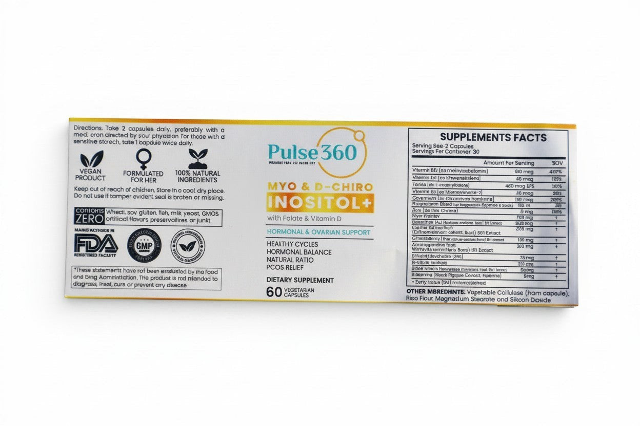 Pulse 360º Glow Inositol Complex supplement label with Myo and D-Chiro Inositol for hormonal and ovarian support.