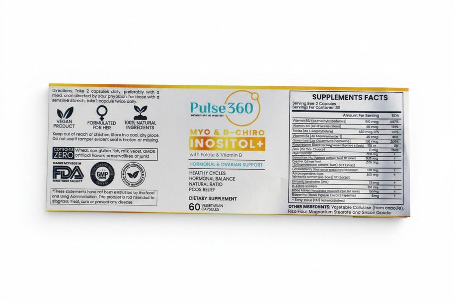 Pulse 360º Glow Inositol Complex supplement label with Myo and D-Chiro Inositol for hormonal and ovarian support.