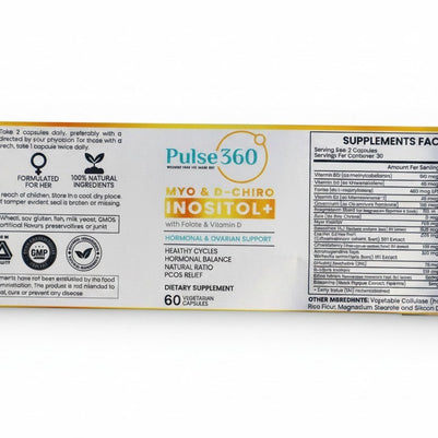 Pulse 360º Glow Inositol Complex supplement label with Myo and D-Chiro Inositol for hormonal and ovarian support.