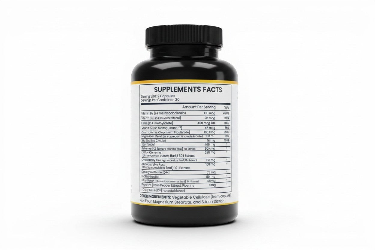 Pulse 360º Glow Inositol Complex supplement bottle showing the back label with detailed supplement facts and ingredients