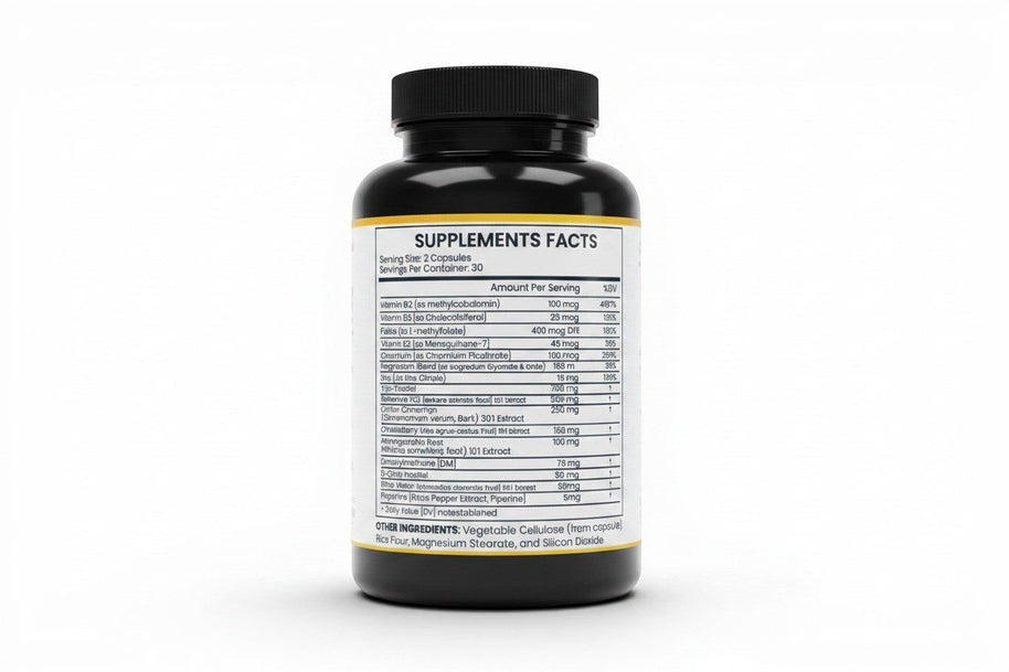 Pulse 360º Glow Inositol Complex supplement bottle showing the back label with detailed supplement facts and ingredients