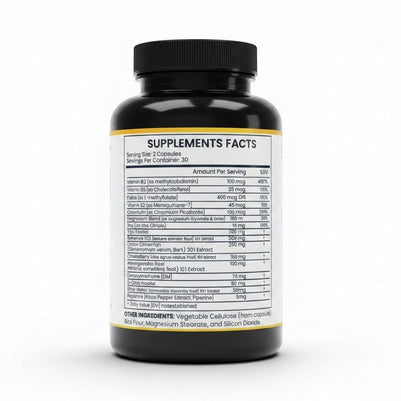 Pulse 360º Glow Inositol Complex supplement bottle showing the back label with detailed supplement facts and ingredients