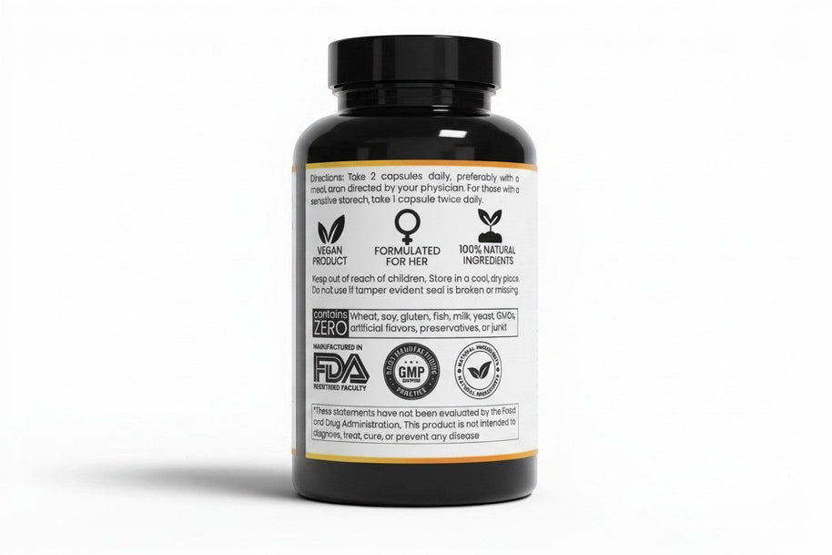 Pulse 360º Glow Inositol Complex supplement bottle showing label directions, vegan icons, and ingredient information