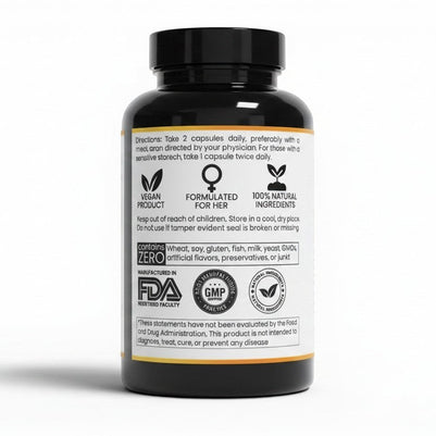 Pulse 360º Glow Inositol Complex supplement bottle showing label directions, vegan icons, and ingredient information