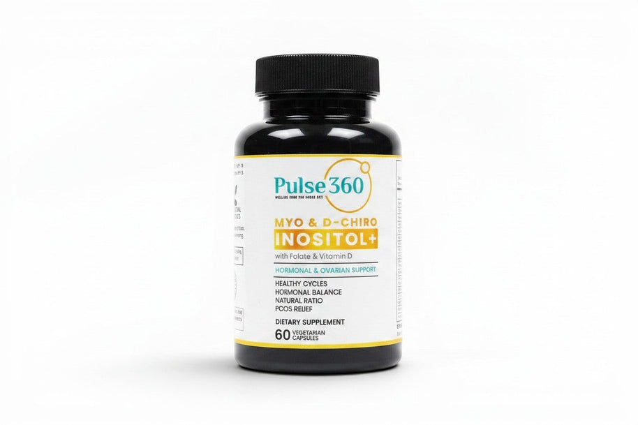 Pulse 360º Glow Myo & D-Chiro Inositol+ supplement bottle for hormonal and ovarian support with 60 vegetarian capsules.