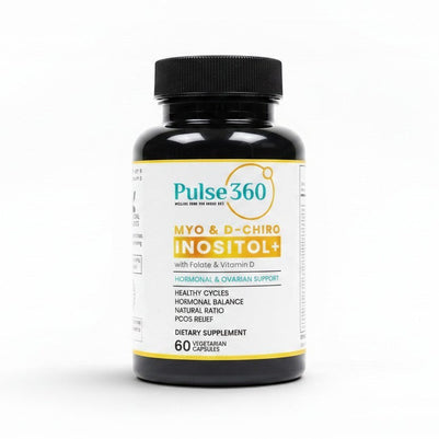 Pulse 360º Glow Myo & D-Chiro Inositol+ supplement bottle for hormonal and ovarian support with 60 vegetarian capsules.